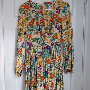 1970s vintage long-sleeve floral mini dress with bodice front, size small